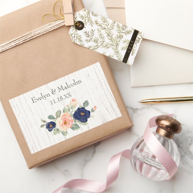 Sticker Rectangulaire Rustic Country Navy Blue and Peach Floral Wedding  (Cadeaux)
