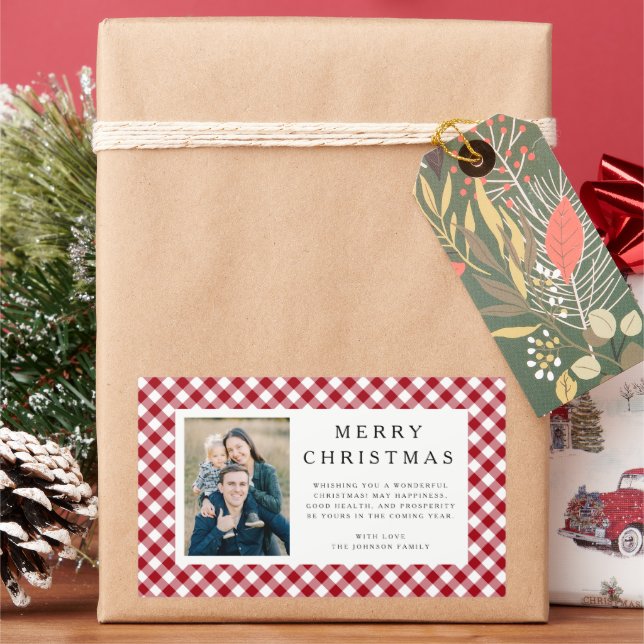 Sticker Rectangulaire Rustic Red Gingham Photo Christmas (vacances)
