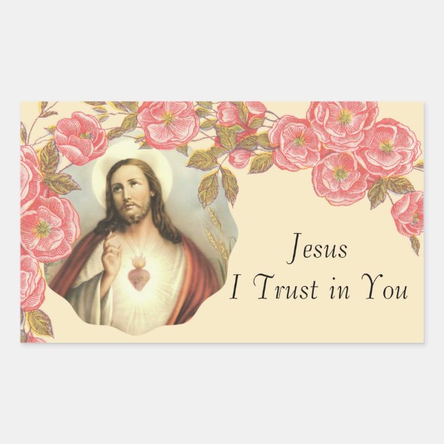 Sticker Rectangulaire Sacré Coeur de Jésus Frontière Florale (Devant)
