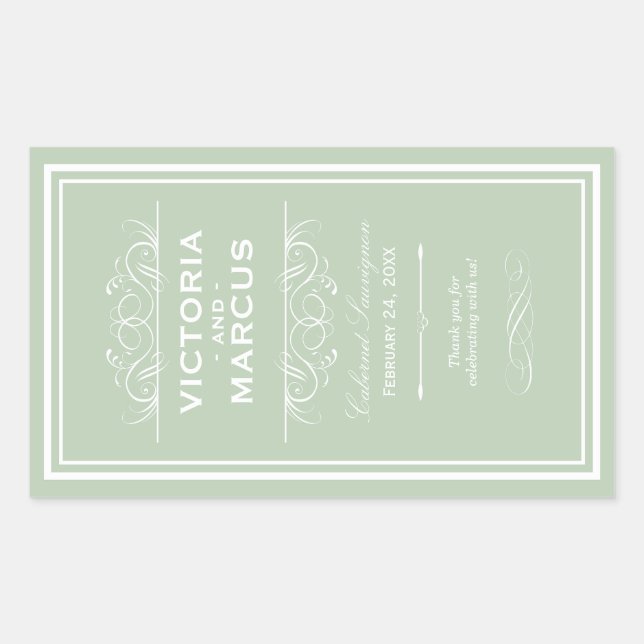 Sticker Rectangulaire Sage Green Mariage élégant Monogramme Bouteille de (Devant)