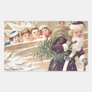 Sticker Rectangulaire Saint Nicolas avec arbre et enfants Vintage
