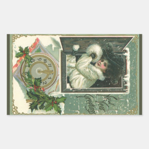 Sticker Rectangulaire Salutations du Nouvel An vintage, Fenêtre de Fille