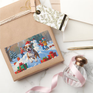Sticker Rectangulaire Scène de neige festive de Noël avec un Bull Terrie