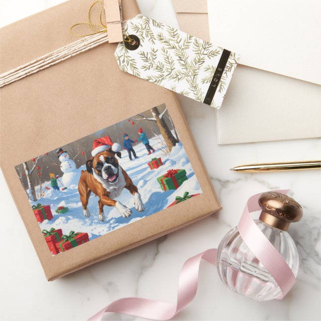 Sticker Rectangulaire Scène de Noël festive de Boxer dans la neige (Cadeaux)