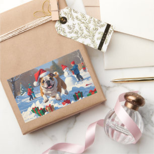 Sticker Rectangulaire Scène enneigée festive de Noël Bulldog
