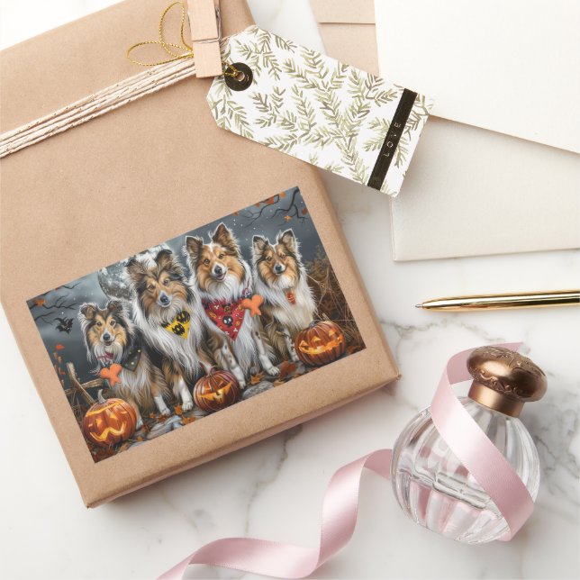 Sticker Rectangulaire Shetland Sheepdog Halloween Éffrayant (Cadeaux)