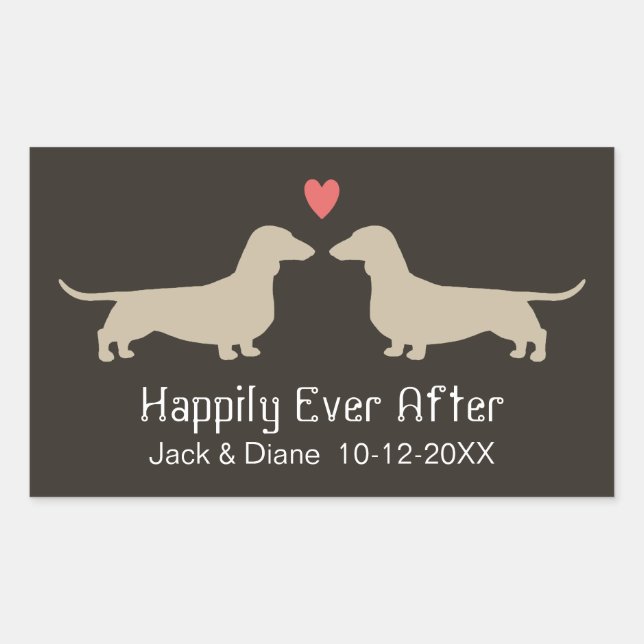 Sticker Rectangulaire Silhouettes Dachshund avec coeur et texte (Devant)