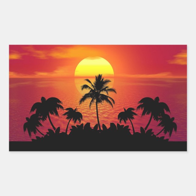 Sticker Rectangulaire Silhouettes de palmiers couchés de soleil (Devant)