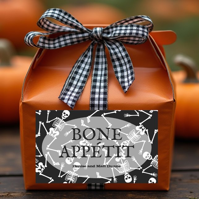 Sticker Rectangulaire Skeletons BONE APPÉTIT (BONE APPÉTIT personalized rectangular black stickers with dancing skeletons)