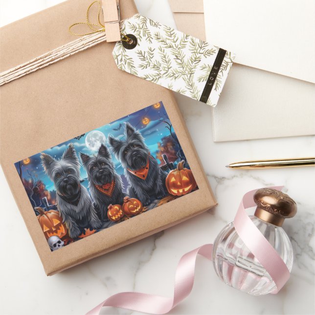 Sticker Rectangulaire Skye Terrier Halloween Éffrayant (Cadeaux)