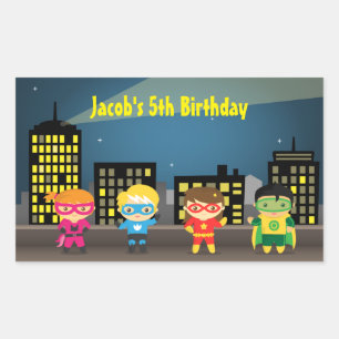 Sticker Rectangulaire Skyline Superhero fête d'anniversaire pour enfants