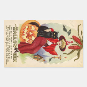Sticker Rectangulaire Sorcière d'Halloween vintage et chat noir