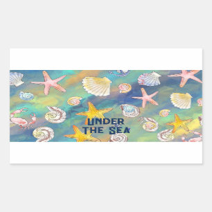 Sticker Rectangulaire Sous la mer Starfish Shell Crab Aqua Blue