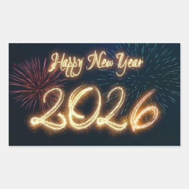 Sticker Rectangulaire Sparkling Happy New Year 2026 Fireworks (Devant)