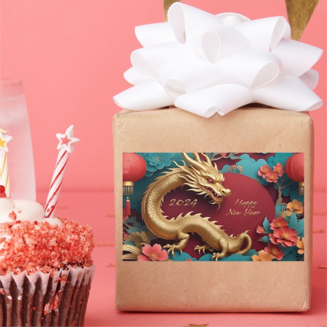 Sticker Rectangulaire Spectacle de dragon d'or Nouvel An chinois (Fête)