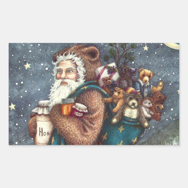 STICKER RECTANGULAIRE ST. NICK DANS LA COUVERTURE TEDDY BEAR, NOËL TEDDI (Devant)