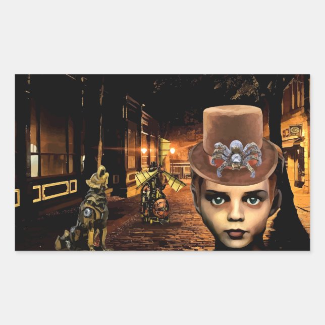 Sticker Rectangulaire Steampunk Garçon Et Robot Chien (Devant)
