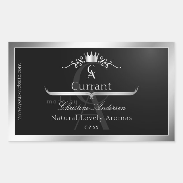 Sticker Rectangulaire Stylish Black Product Label Silver Frame Monogram (Devant)