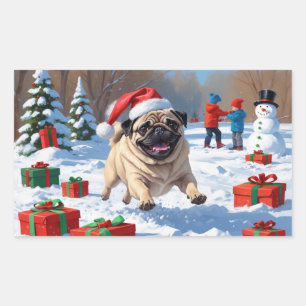 Sticker Rectangulaire T Pug courant dans la neige avec un chapeau de Noë