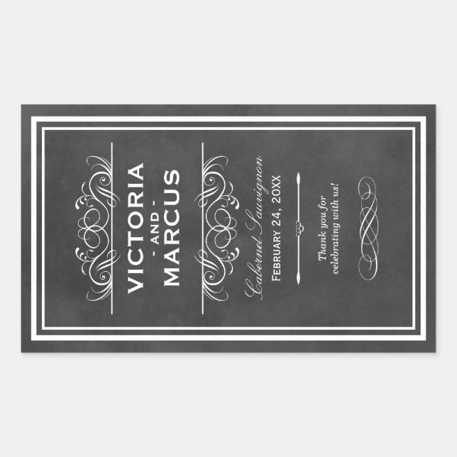Sticker Rectangulaire Tableau noir Mariage Monogramme Vin bouteille (Devant)