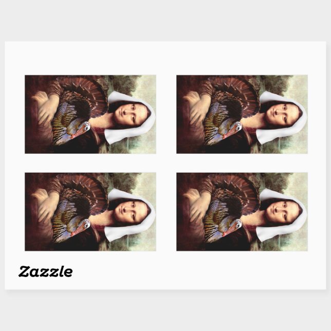 Sticker Rectangulaire Thanksgiving Mona Lisa Pilgrim with Turkey (Feuille)