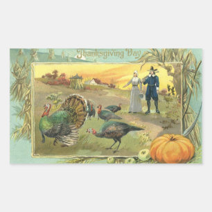 Sticker Rectangulaire Thanksgiving vintage avec des dindes et des pèleri