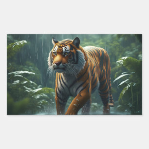 Sticker Rectangulaire Tigre dans une jungle pluvieuse