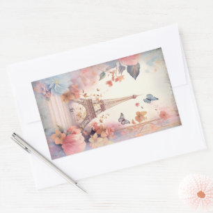 Sticker Rectangulaire Tour Eiffel Papillons et Fleurs