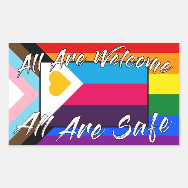 Sticker Rectangulaire Tous sont Welcome Plolyam Pride et allié autocolla (Devant)