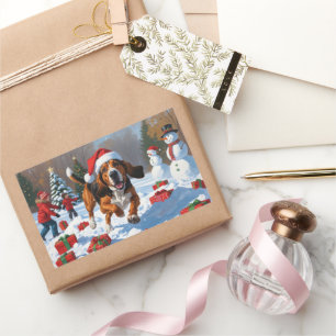 Sticker Rectangulaire Treeing Walker Coonhound neige avec chapeau de Noë
