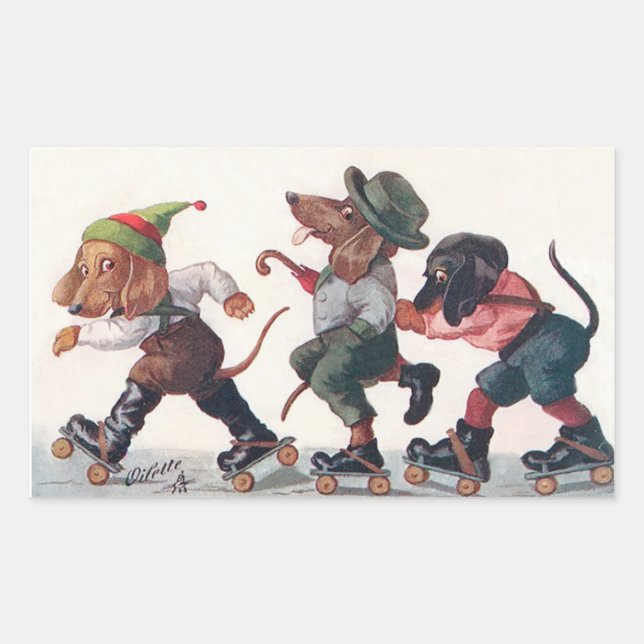 Sticker Rectangulaire Trois teckels de patinage - un animal drôle (Devant)