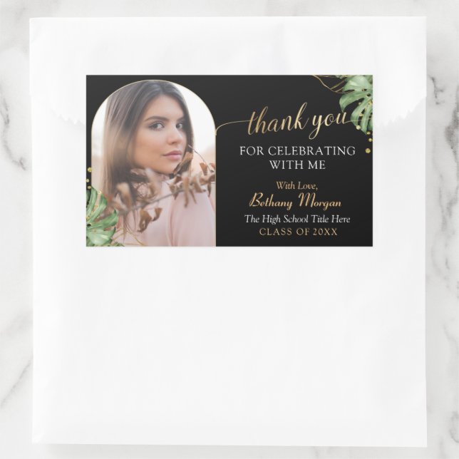 Sticker Rectangulaire Tropical Black Gold Arch Grad Photo Graduation (Sac)