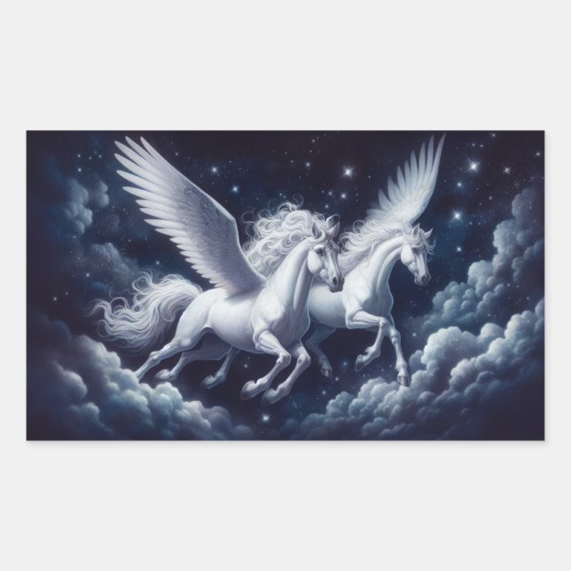 Sticker Rectangulaire Twin Pegasus volant à travers le ciel nocturne (Devant)