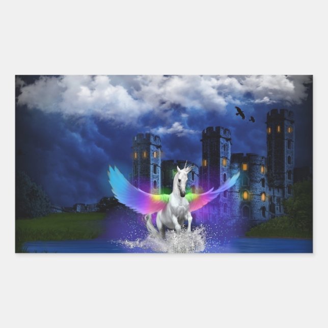 Sticker Rectangulaire Unicorne avec ailes arc-en-ciel (Devant)