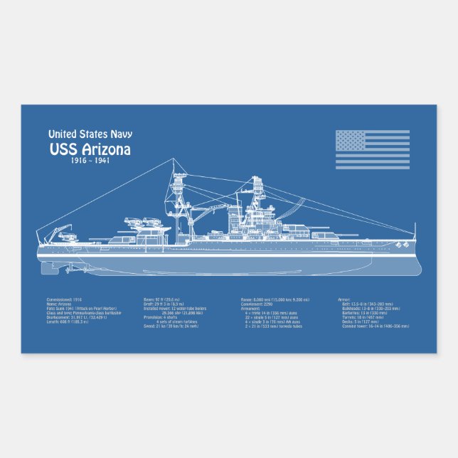 Sticker Rectangulaire USS Arizona - Plan de plan d'expédition ABD (Devant)