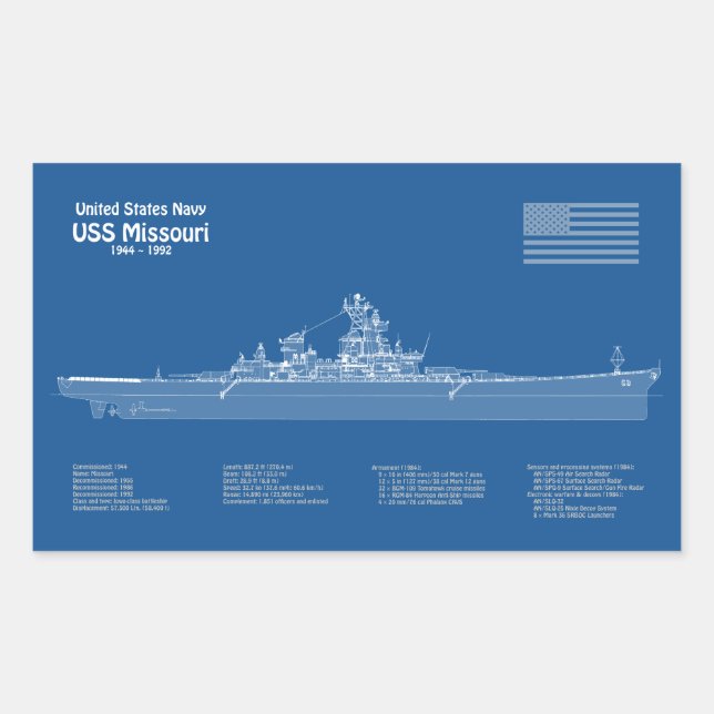 Sticker Rectangulaire USS Missouri - Plan de plan d'expédition ABD (Devant)