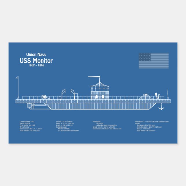 Sticker Rectangulaire USS Monitor - Plan de plan d'expédition ABD (Devant)