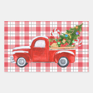 Sticker Rectangulaire Vacances vintages de camion de Noël de plaid roug