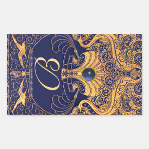 Sticker Rectangulaire Vaisseau antique, Dauphins, Or, Monogramme bleu ma