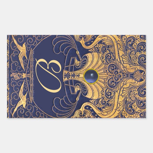 Sticker Rectangulaire Vaisseau antique, Dauphins, Or, Monogramme bleu ma (Devant)