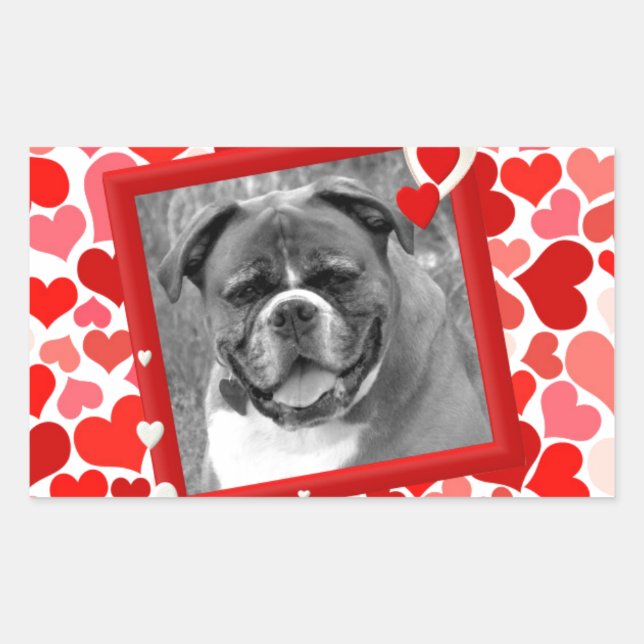 Sticker Rectangulaire Valentines Boxer Chien Coeurs (Devant)