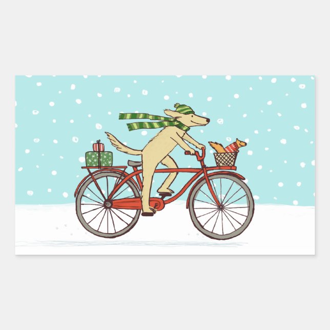 Sticker Rectangulaire Vélo d'équitation de chien avec écureuil Noël (Devant)