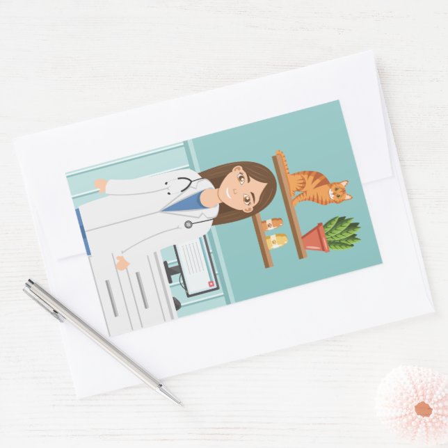 Sticker Rectangulaire Vétérinaire Femme Vétérinaire Fille Avec Chat Oran (Enveloppe)
