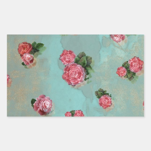 Sticker Rectangulaire Vinage Fleur Rose floral bleu rose nostalgique (Devant)