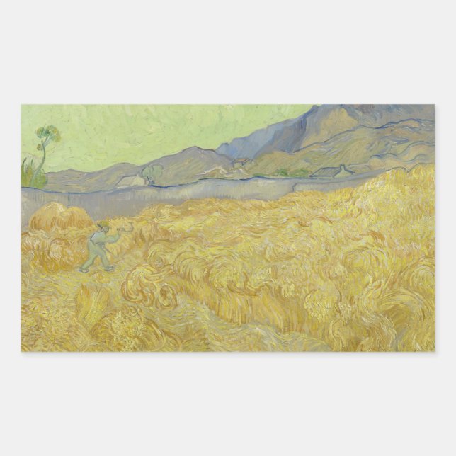 Sticker Rectangulaire Vincent van Gogh - Wheatfield avec une Faucheuse (Devant)