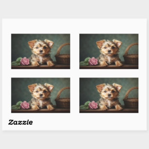 Sticker Rectangulaire Vintage Cute Chiot Yorkshire Terrier Portrait Rose