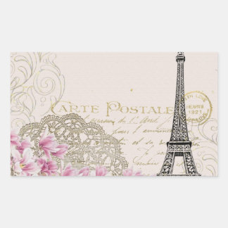 Sticker Rectangulaire Vintage Eiffel Tower Paris France Romance Rose