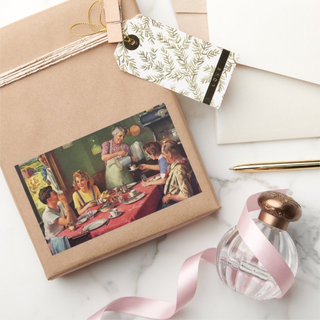 Sticker Rectangulaire Vintage Famille Manger Petit déjeuner dans la cuis (Cadeaux)