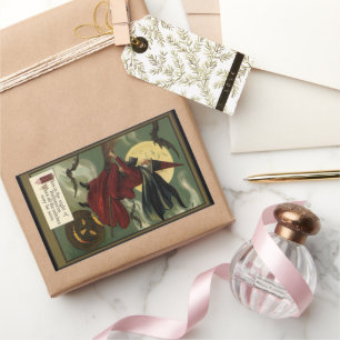 Sticker Rectangulaire Vintage Halloween sorcière Broomstick avec chat