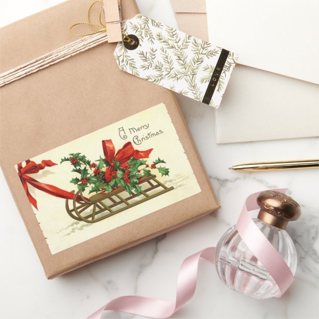 Sticker Rectangulaire Vintage Noël Sleigh salutations (Cadeaux)